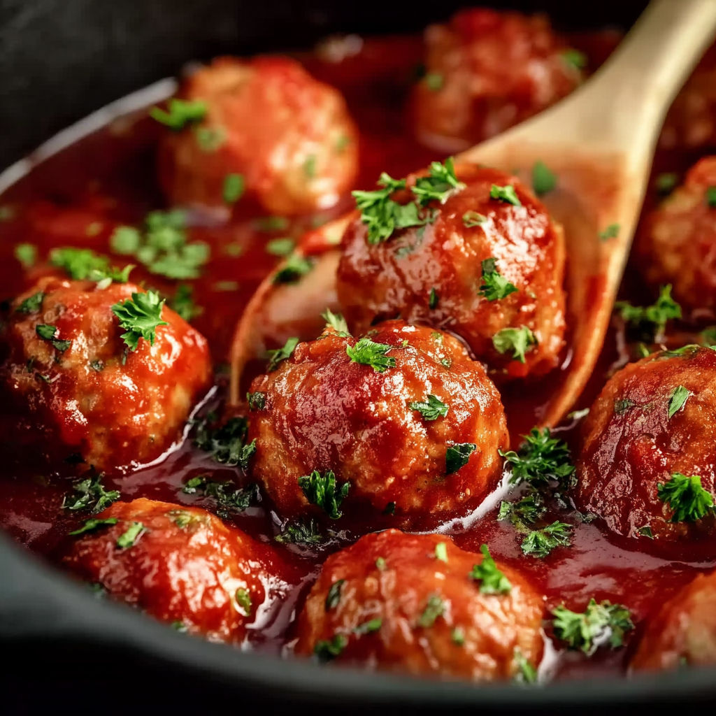 A crock pot filled with meatballs and sauce.