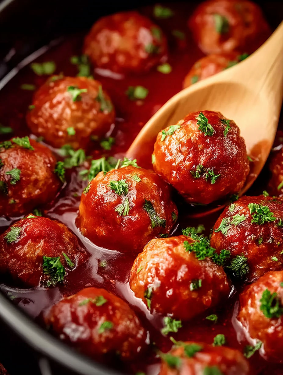 A crock pot filled with meatballs.