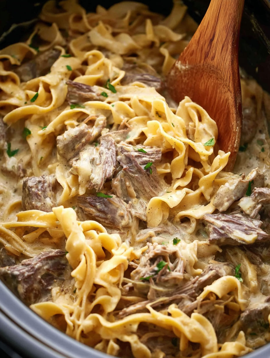 A crock pot of beef and noodles.