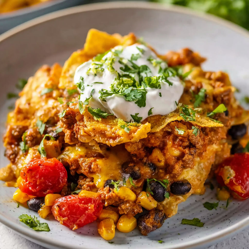 A delicious crock pot beef enchilada casserole.