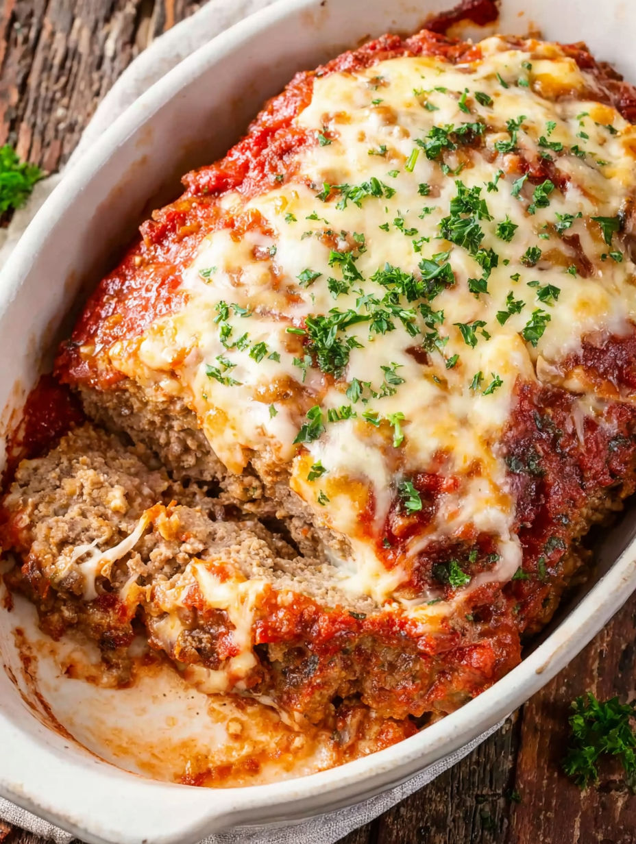 A close up of a meatloaf with cheese and herbs.