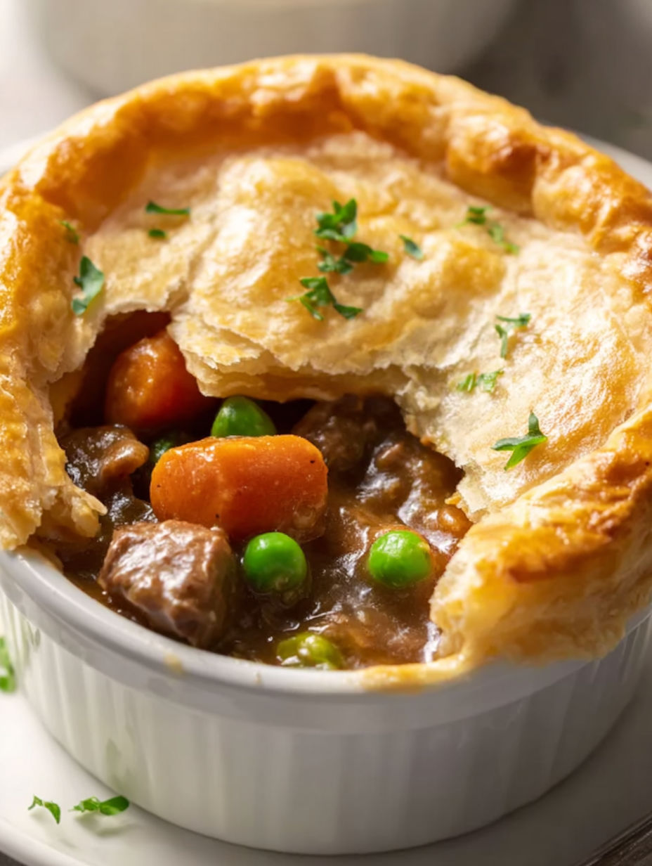 A close up of a beef pot pie with a green herb on top.
