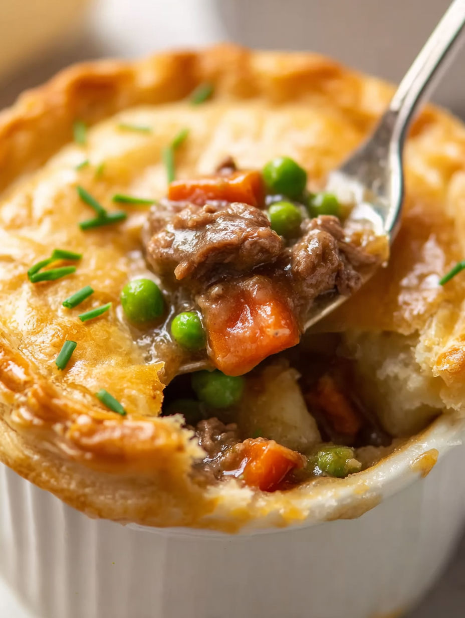 A close up of a beef pot pie with peas and carrots.