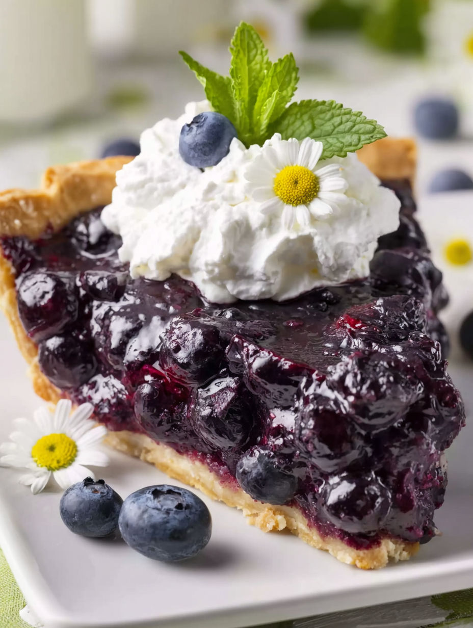 A slice of blueberry jell-o pie with whipped cream on top.