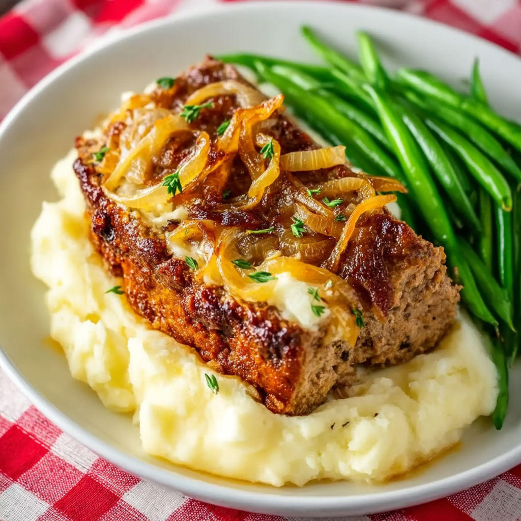 A plate of food with meatloaf and green beans.
