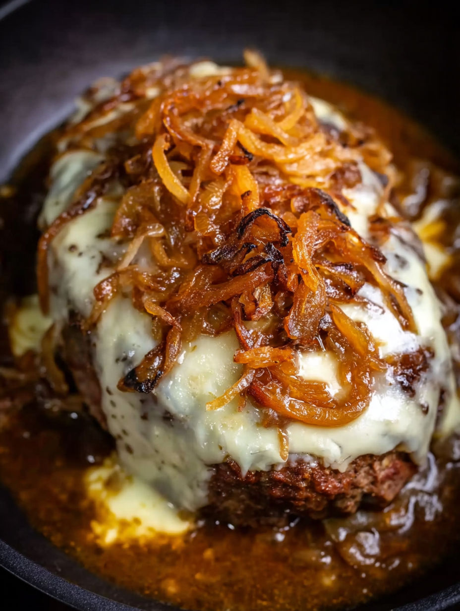 A close up of a meatloaf with onions.