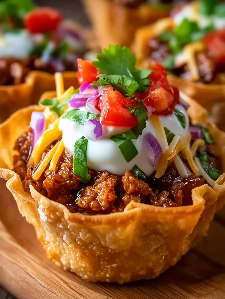 A taco cup with chili and cheese.