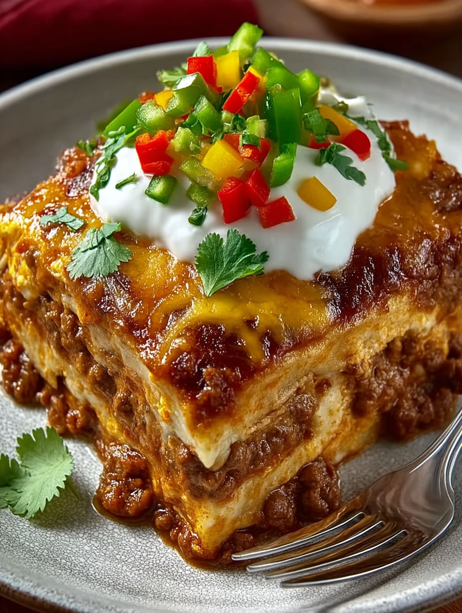 A delicious beef enchilada casserole with a dollop of sour cream on top.