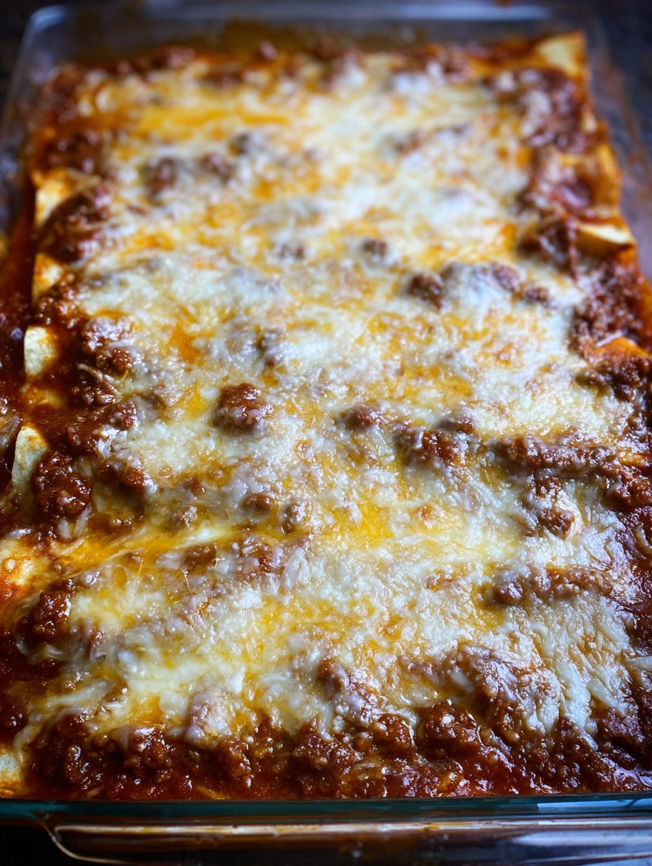 A close up of a delicious beef enchilada casserole.
