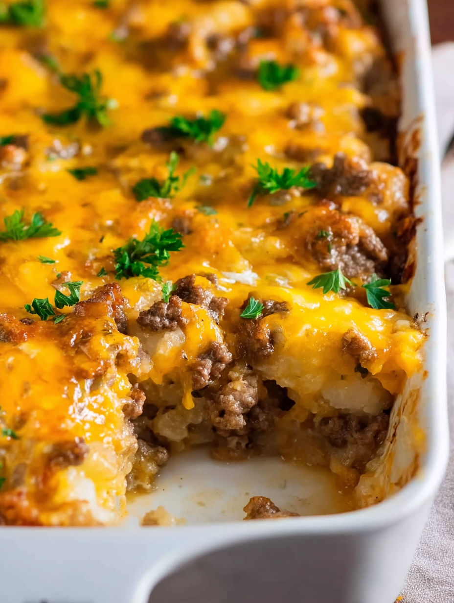A casserole with potatoes and ground beef.