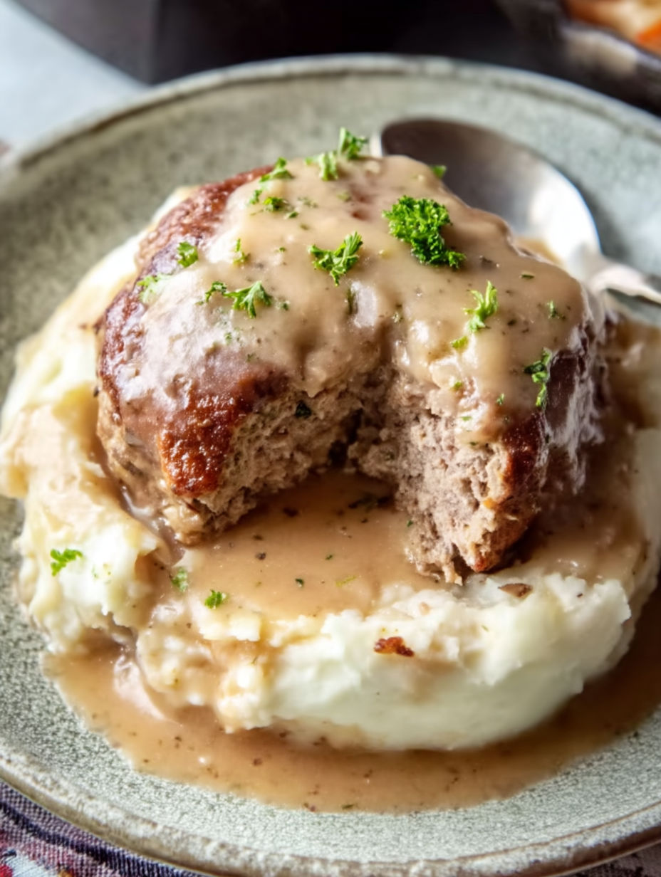 Hamburger steak with gravy on a plate.