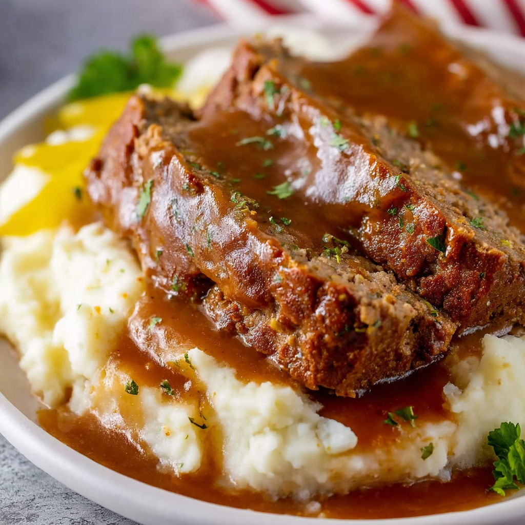 A plate of food with meatloaf and mashed potatoes.