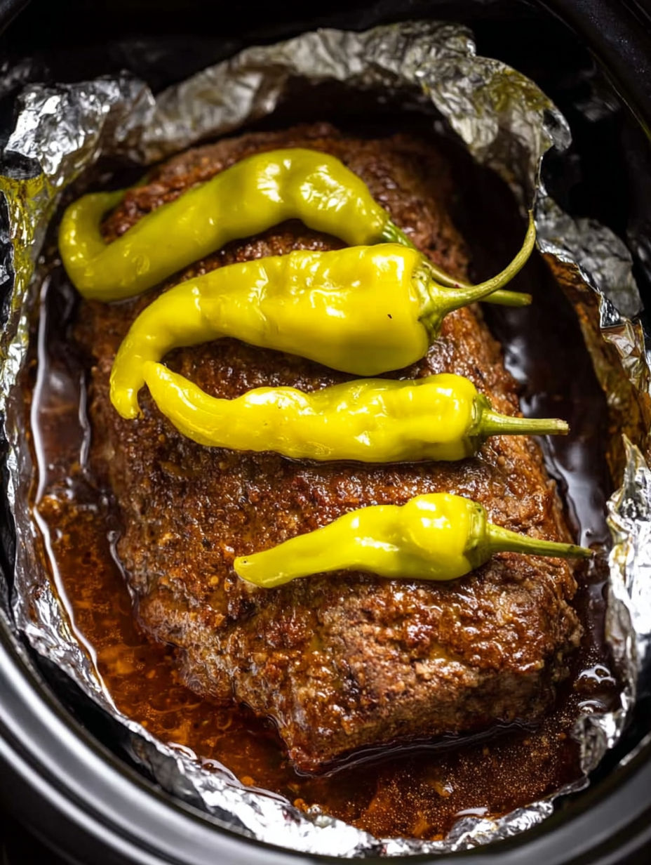 A crock pot with meatloaf and peppers.