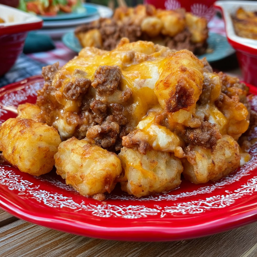 A plate of food with a sloppy joe tater tot casserole on it.