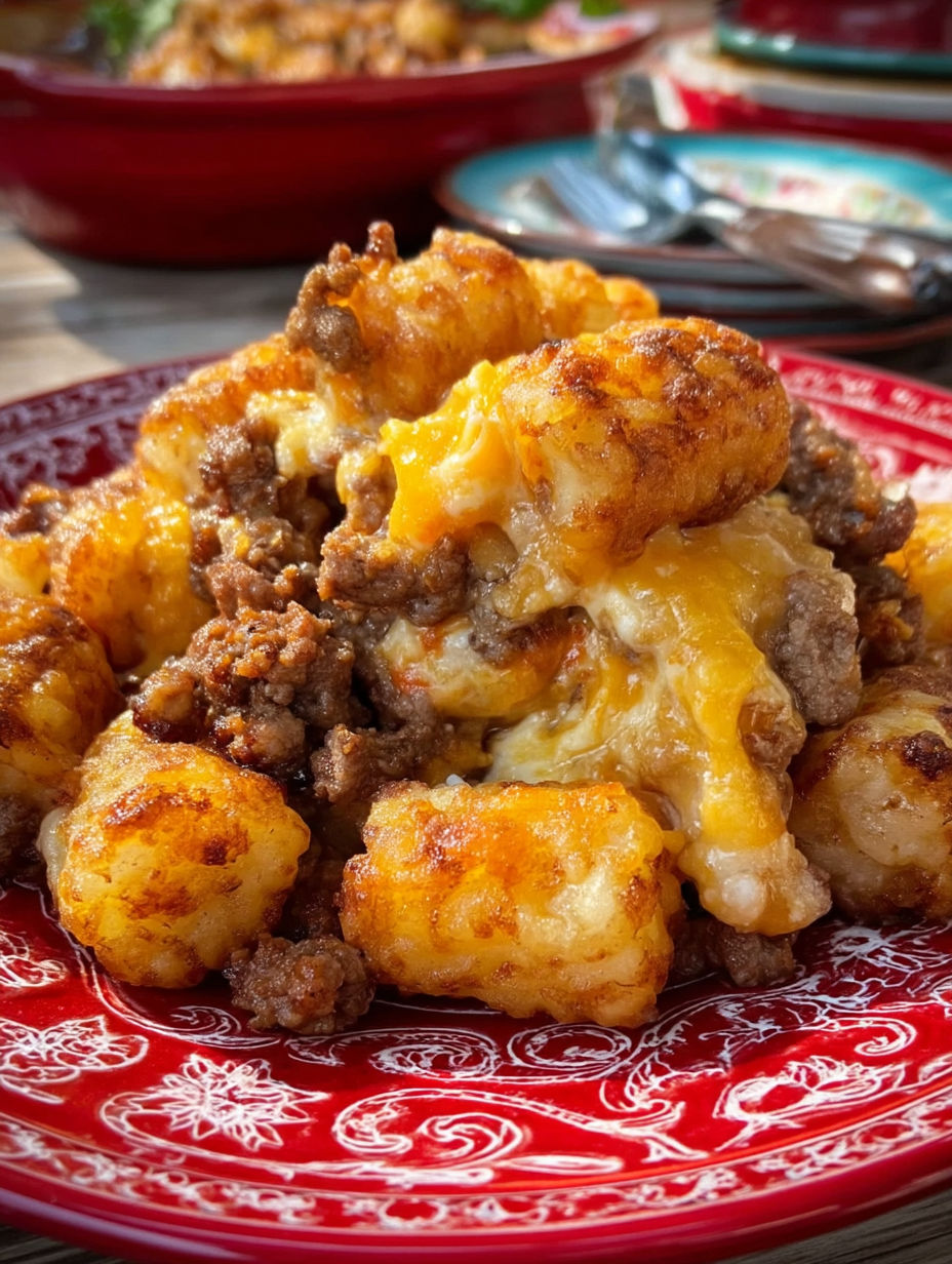 A plate of food with a sloppy joe tater tot casserole recipe.