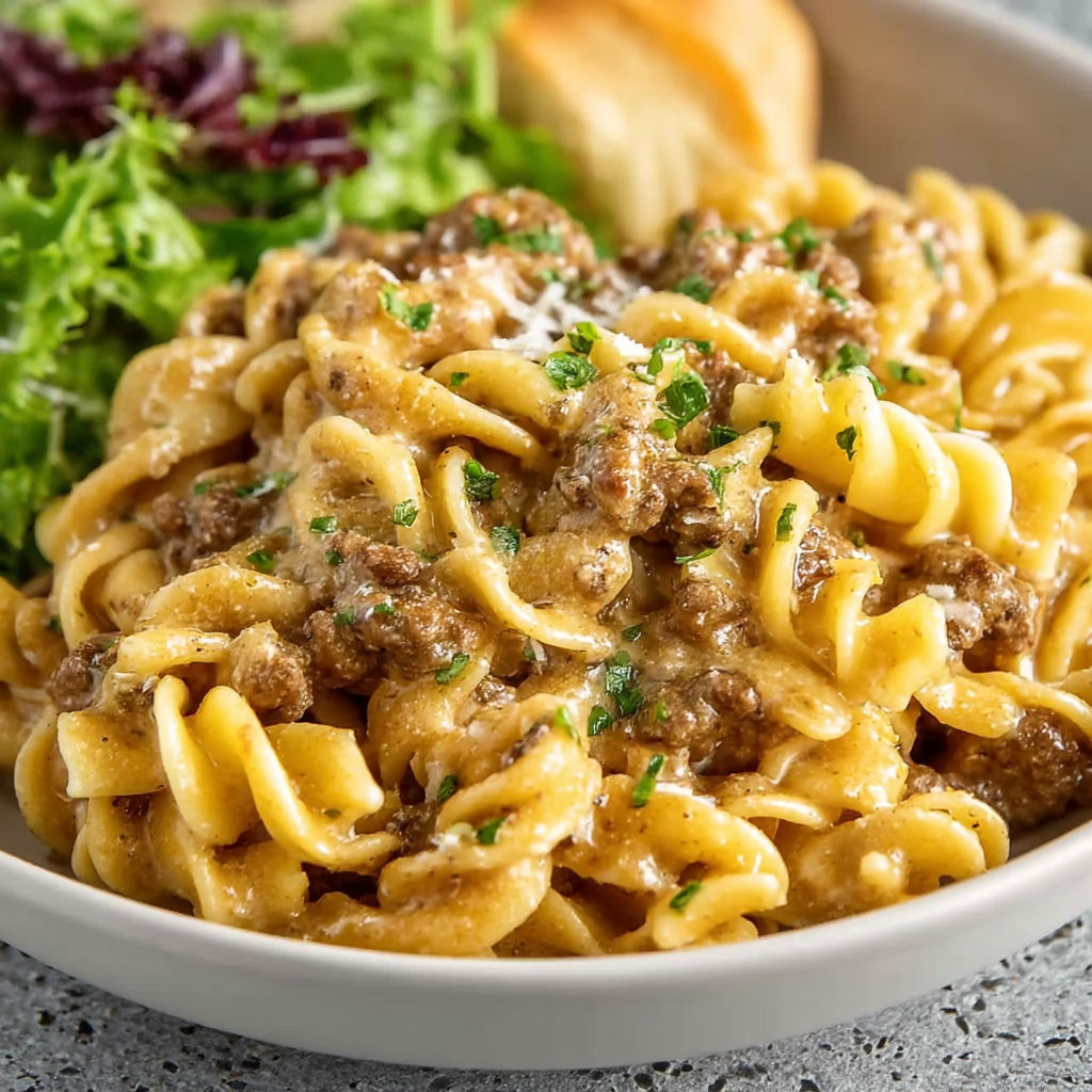 A bowl of pasta with meat and vegetables.