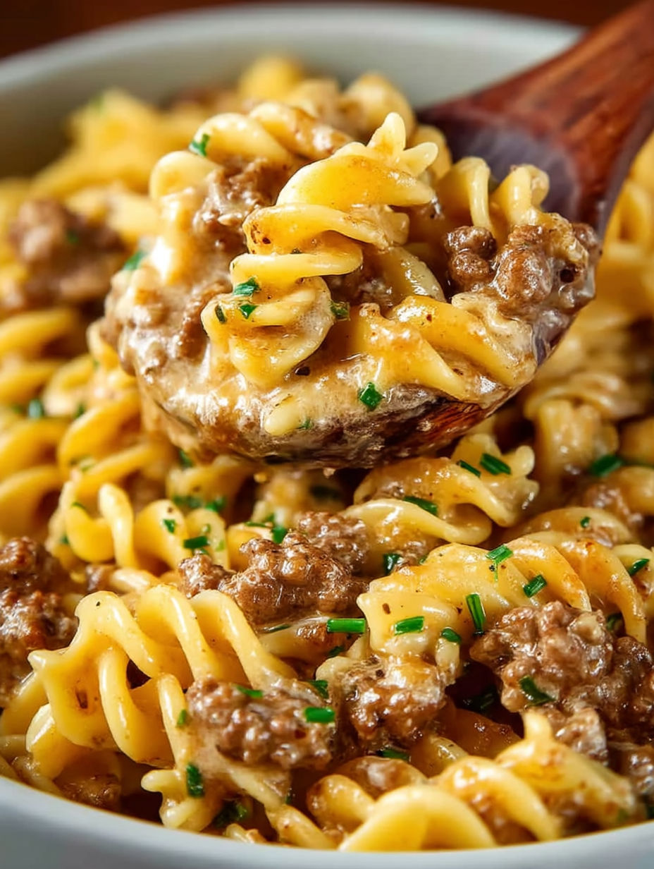 Hamburger Helper Stroganoff with meat and noodles.