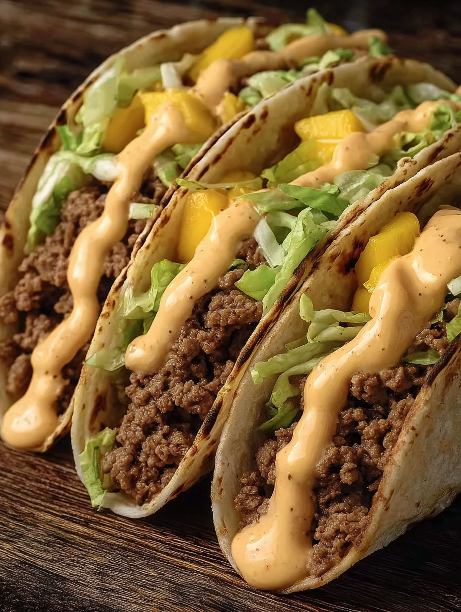 Two tacos with meat and sauce.