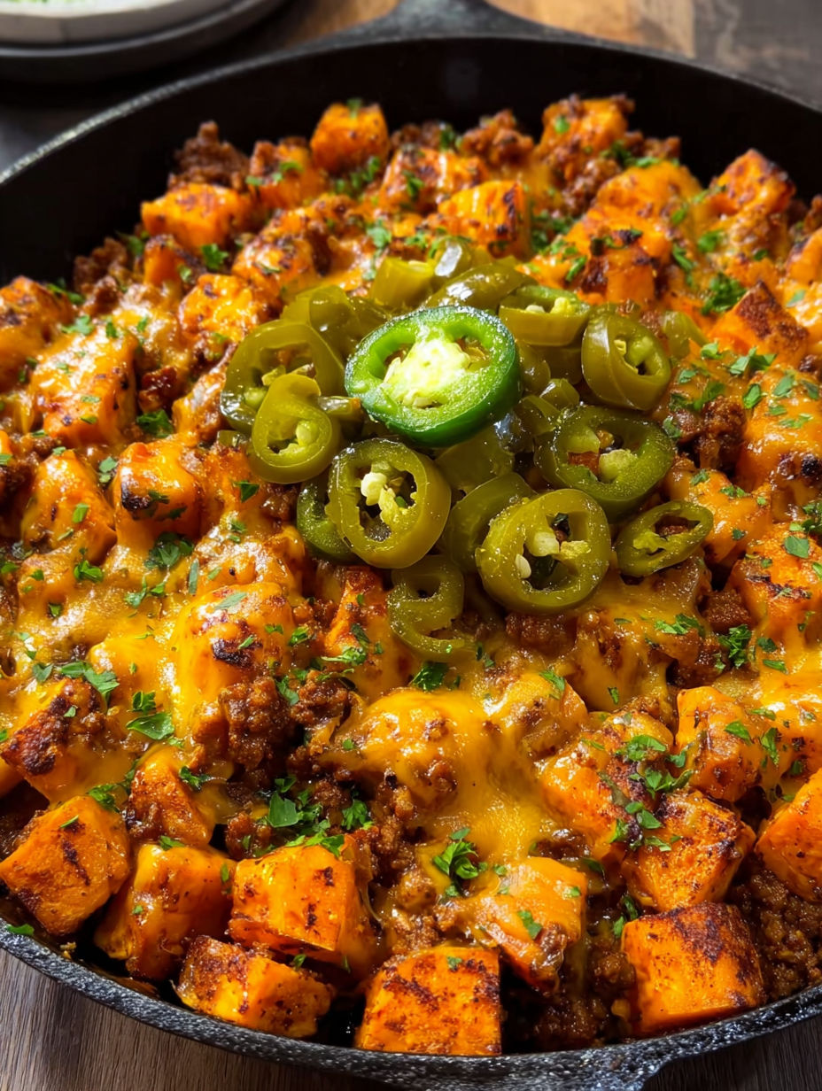 A skillet filled with chili cheese potatoes.