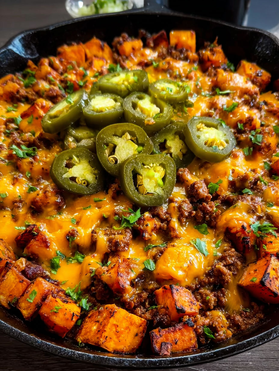 A skillet filled with chili cheese and potatoes.