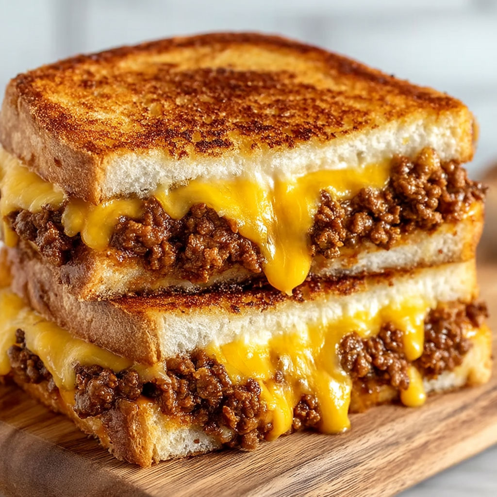 A grilled cheese sandwich with sloppy joe filling.