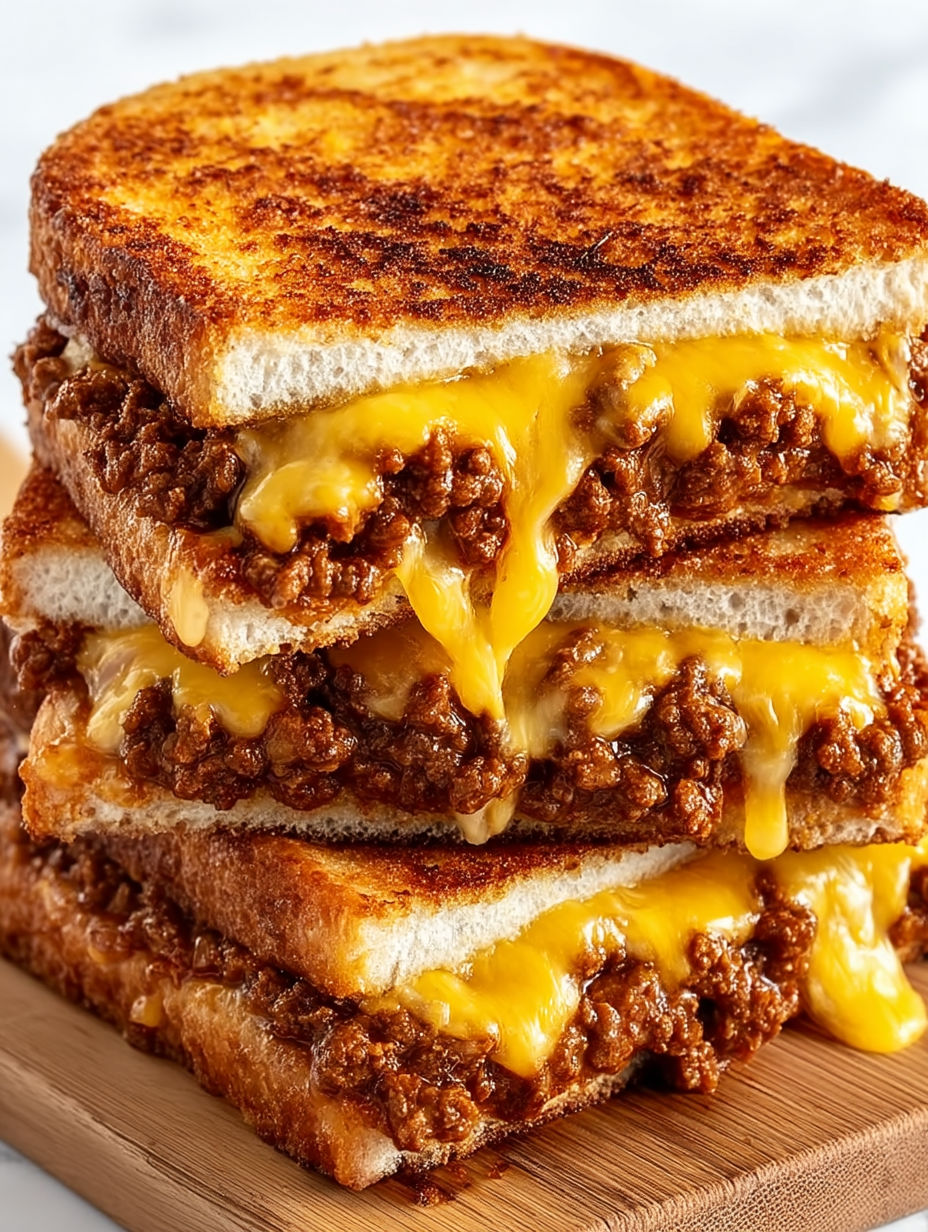A stack of grilled cheese sandwiches with sloppy joe filling.