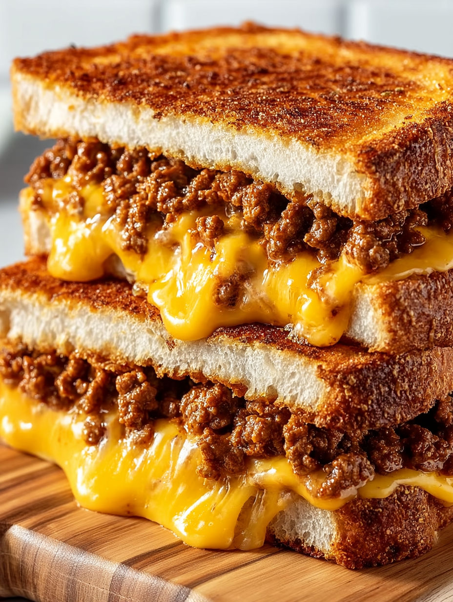 A stack of grilled cheese sandwiches with sloppy joe filling.