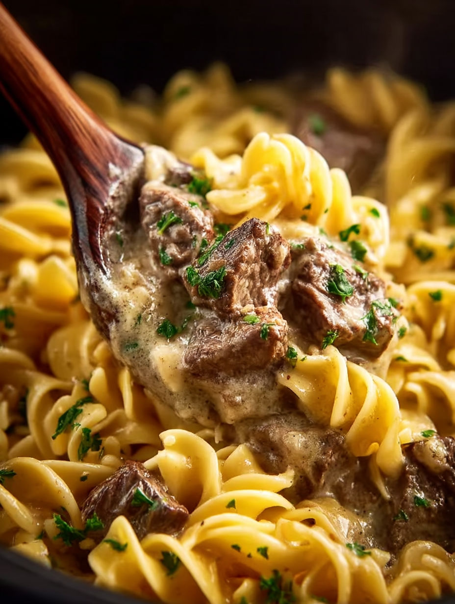 A close up of a crock pot beef stroganoff.