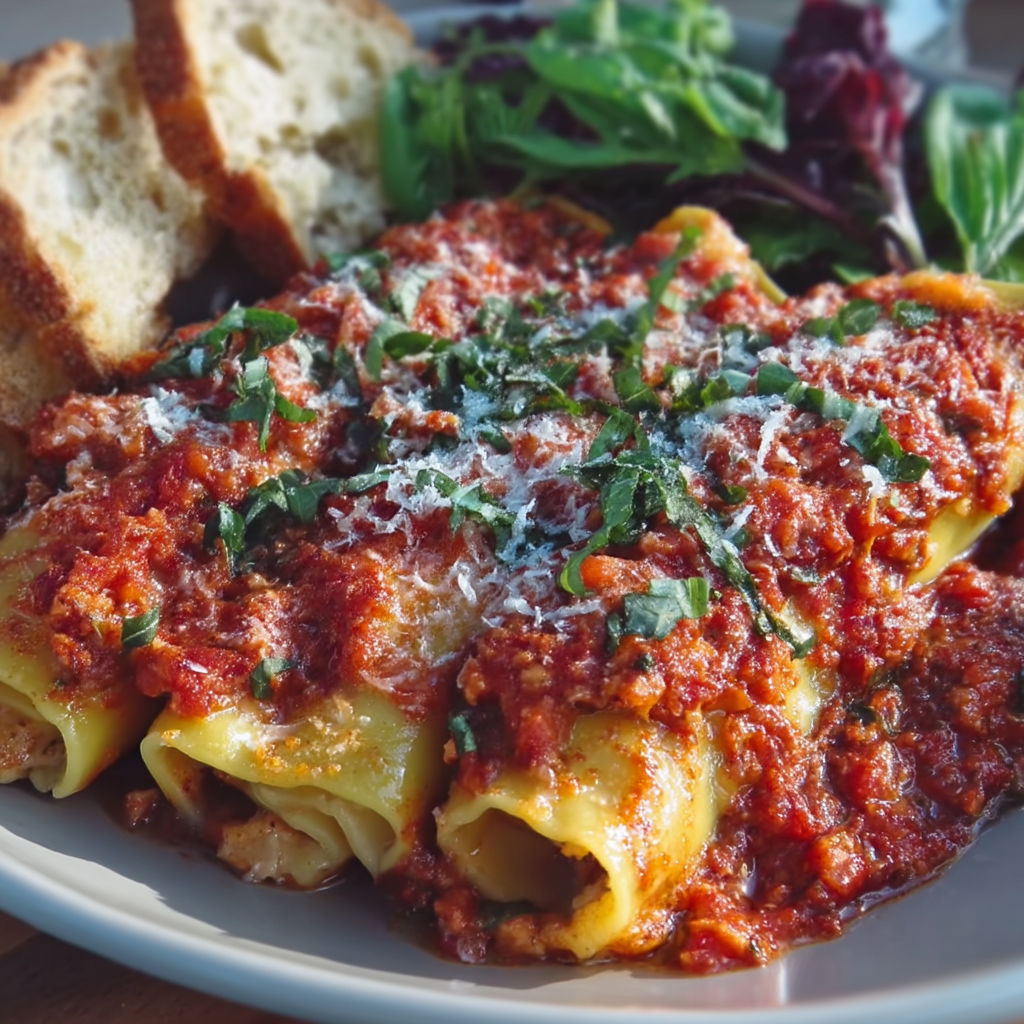 A plate of food with a cannelloni dish and a side of bread.