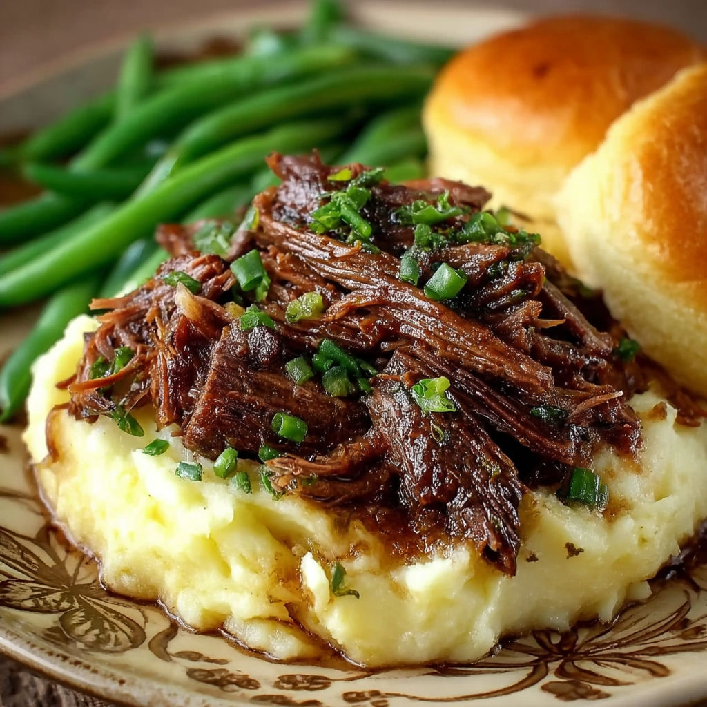 A plate of Mississippi pot roast with green beans.
