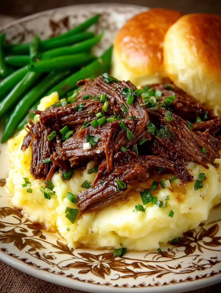 A plate of Mississippi Pot Roast with green beans and biscuits.