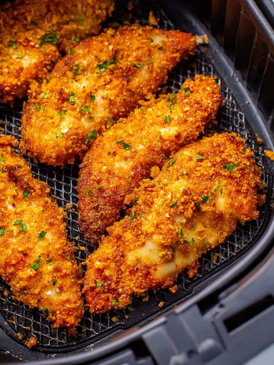 Chicken tenders in an air fryer.