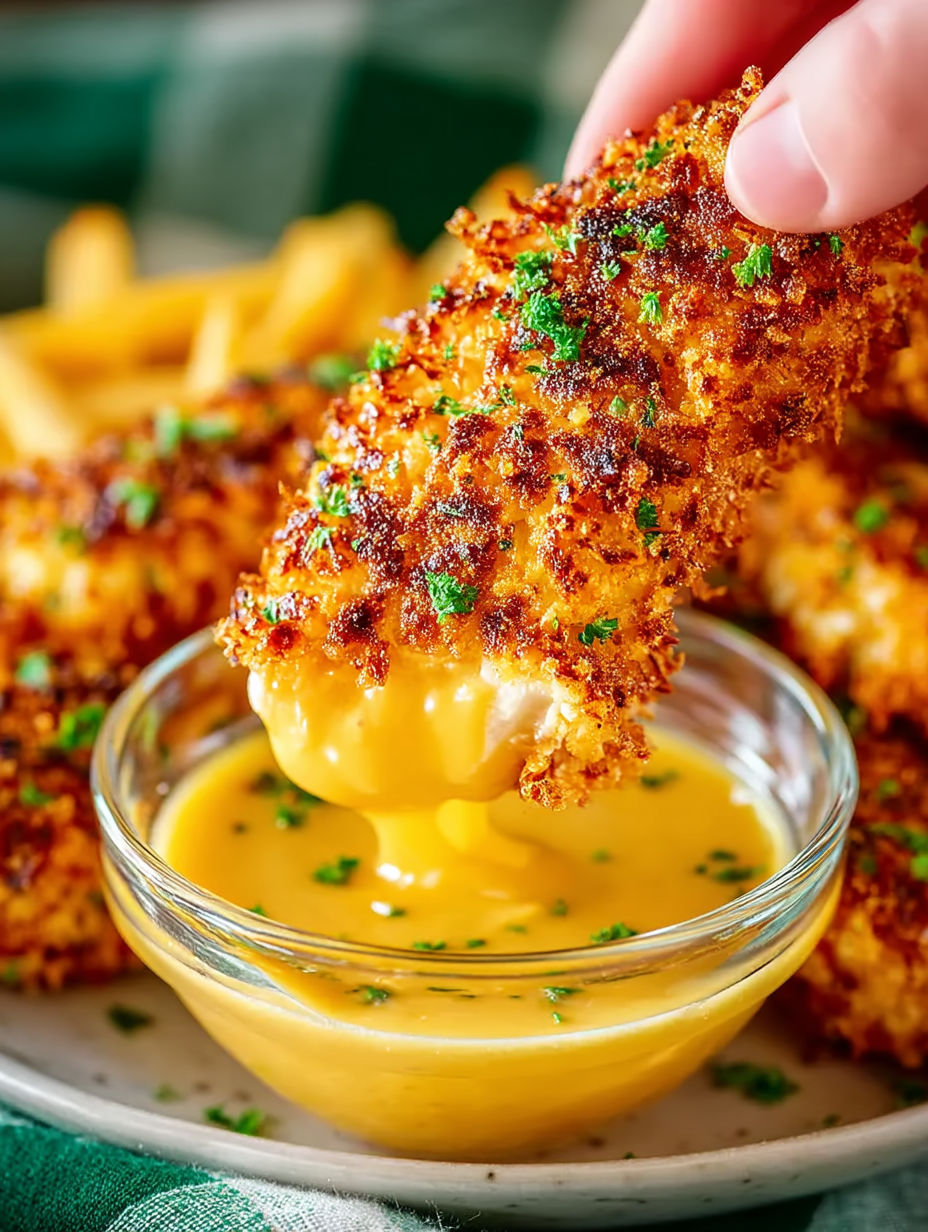 A person is dipping chicken tenders into a bowl of sauce.