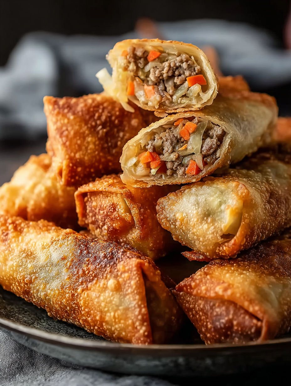 Golden brown egg rolls with meat and carrots.