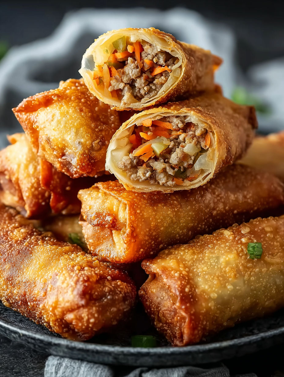 Golden brown egg rolls with carrots inside.