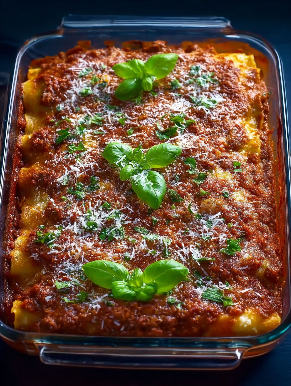 A dish of beef cannelloni with basil leaves on top.