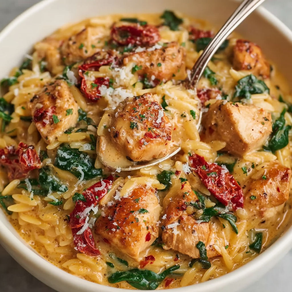 A bowl of chicken and pasta.