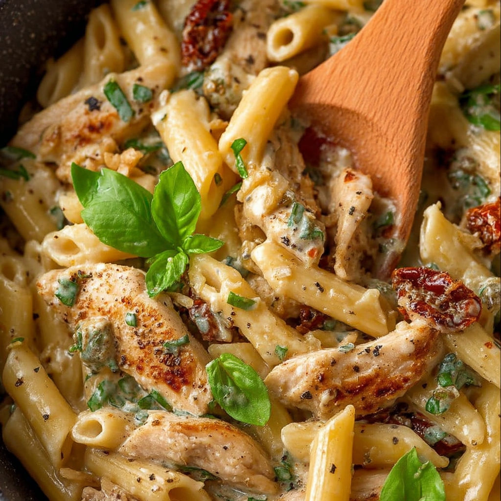 A bowl of pasta with chicken and herbs.