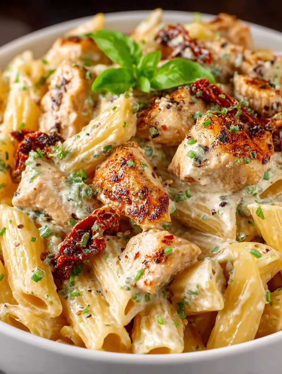 A plate of chicken and pasta.