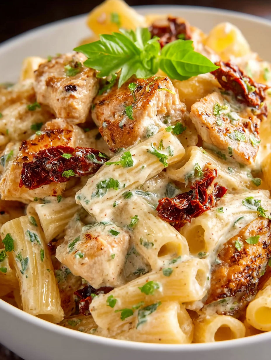 A bowl of pasta with chicken and herbs.