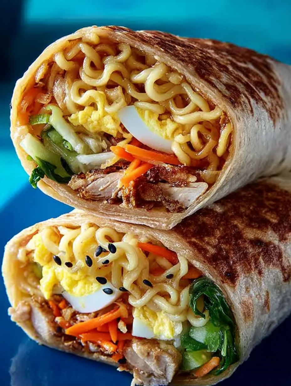A Ramen Wrap with noodles, egg, carrots, and greens.
