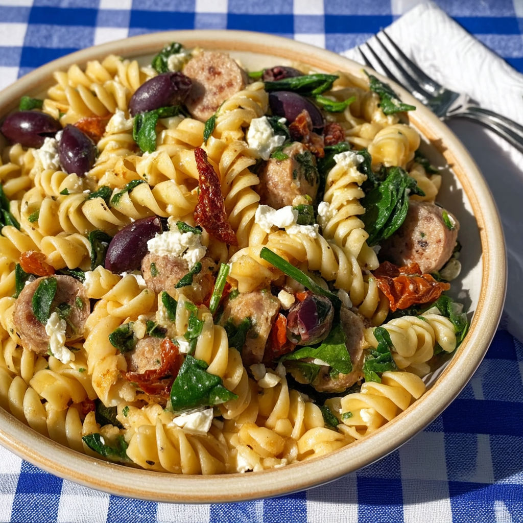 A bowl of pasta with olives and feta cheese.
