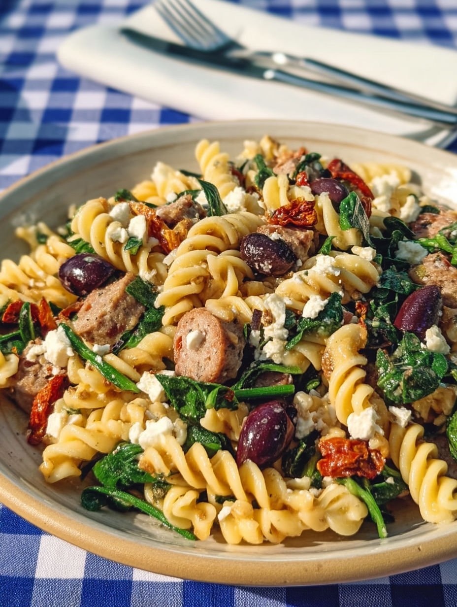 A bowl of pasta with vegetables and meat.
