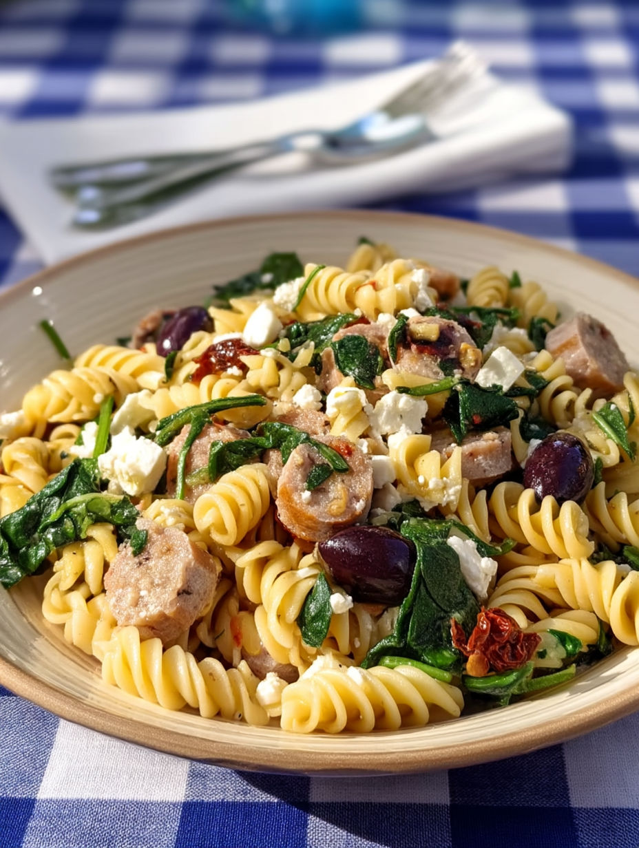 A plate of pasta with vegetables and meat.