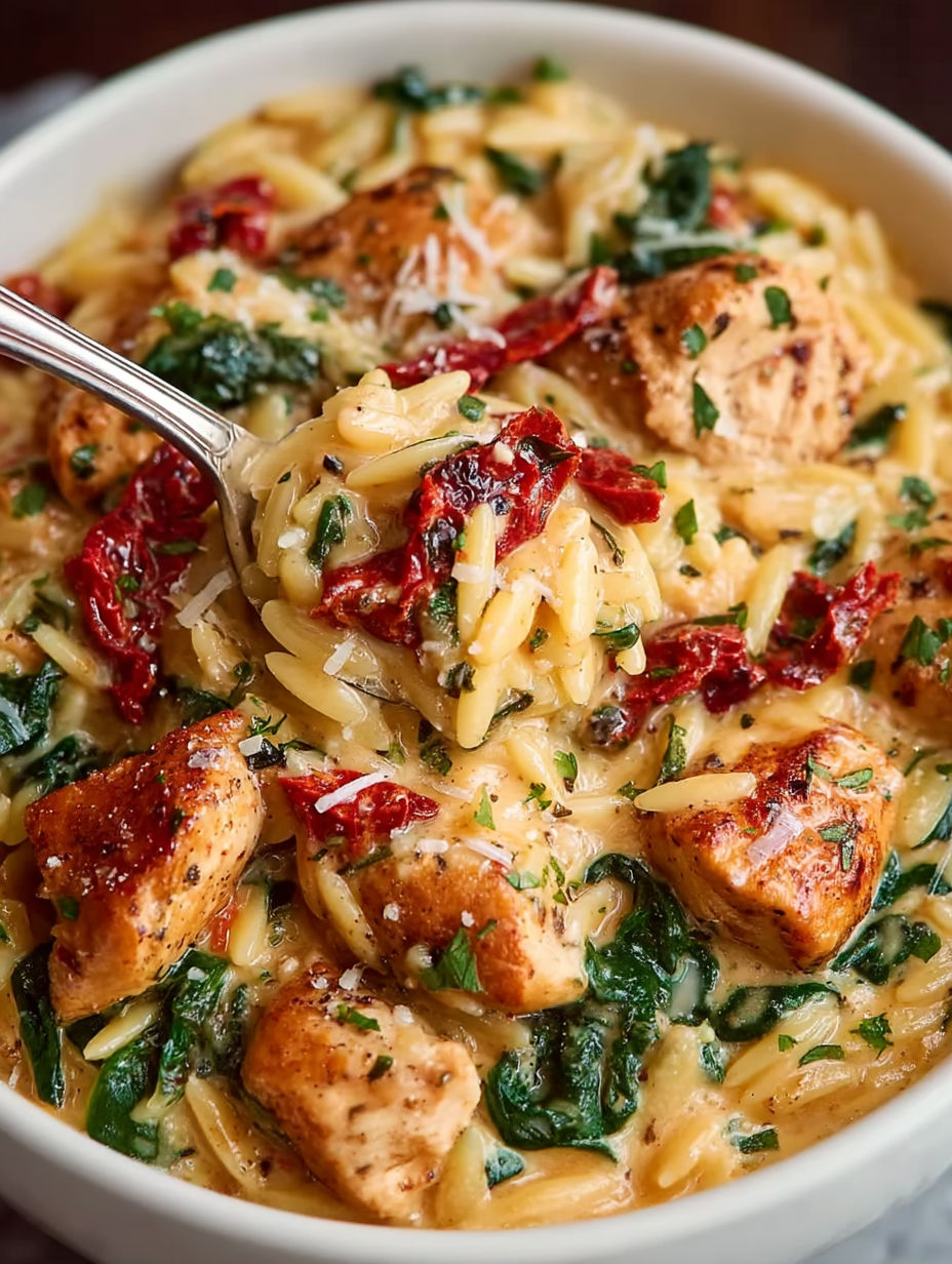 A bowl of Marry Me Chicken Orzo.
