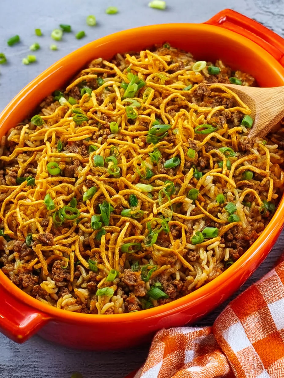 A bowl of chow mein casserole with noodles and meat.