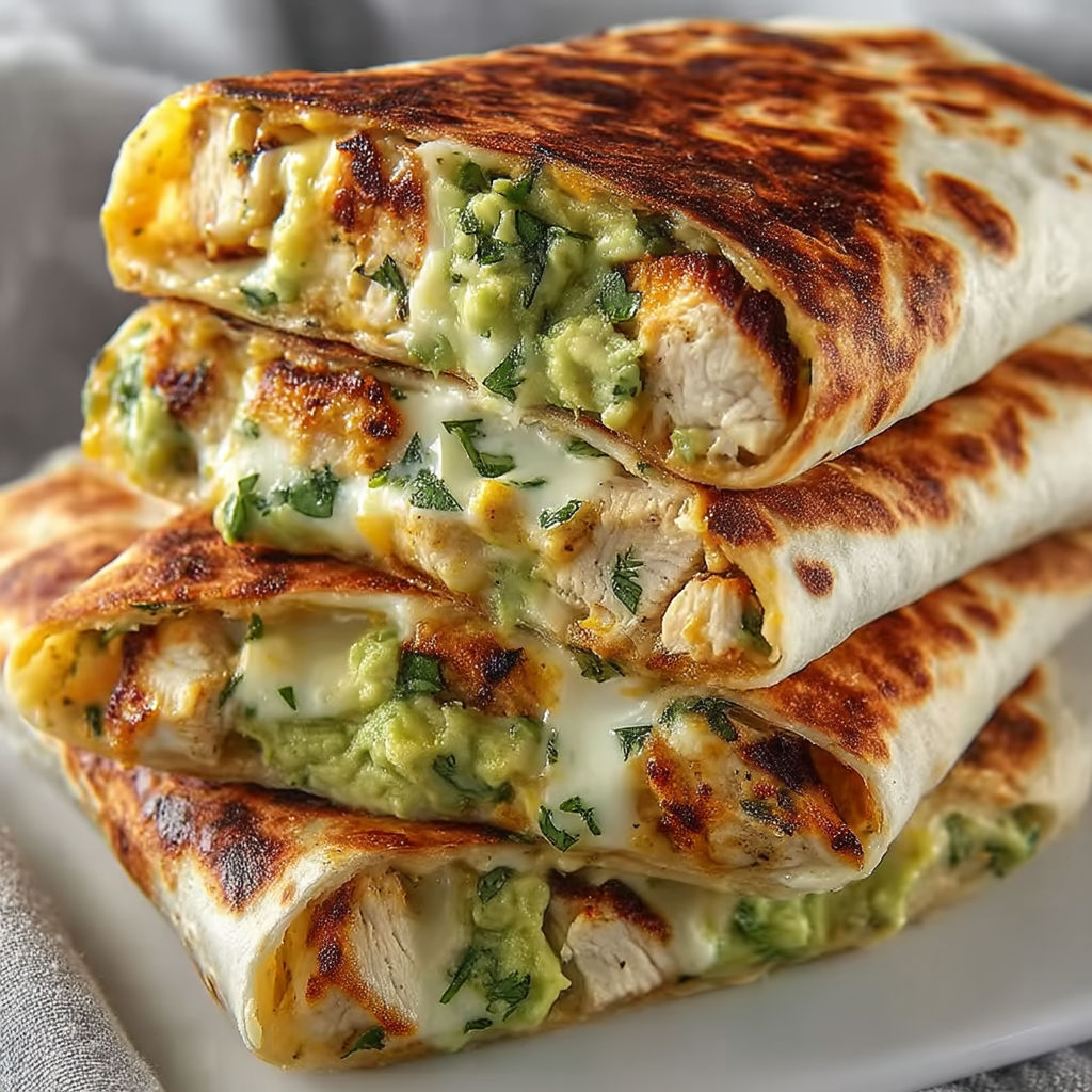 A stack of chicken burritos with cheese and avocado.