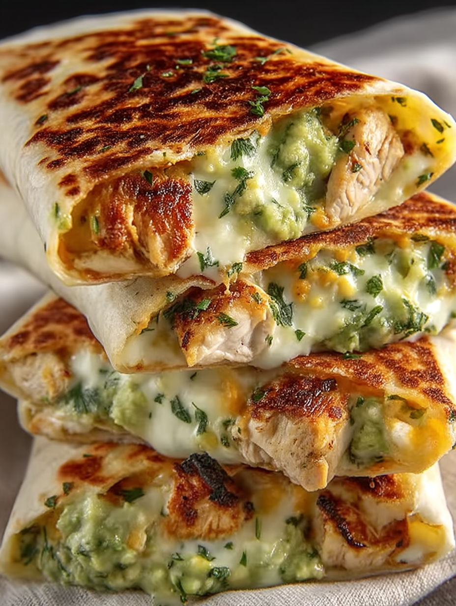 A stack of chicken burritos with cheese and green peppers.