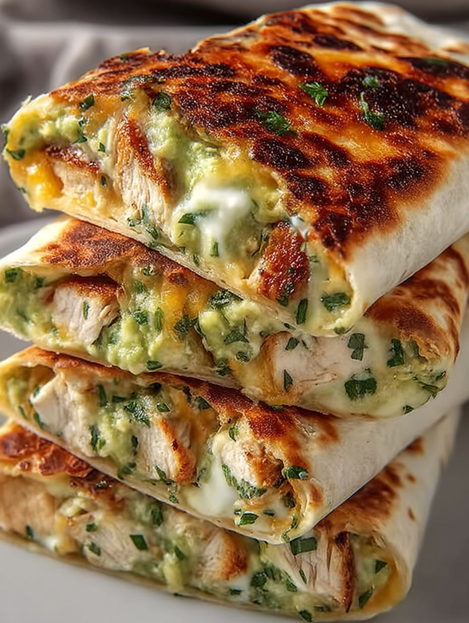 A stack of chicken burritos with green toppings.