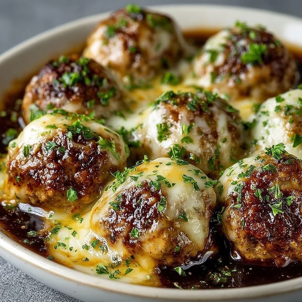 A bowl of meatballs in a brown sauce.